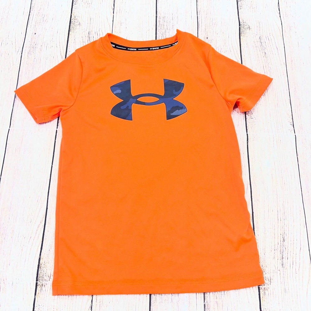 Under Armour Kids Orange Camo Logo Short Sleeve Swim Shirt Rash Guard Size 6